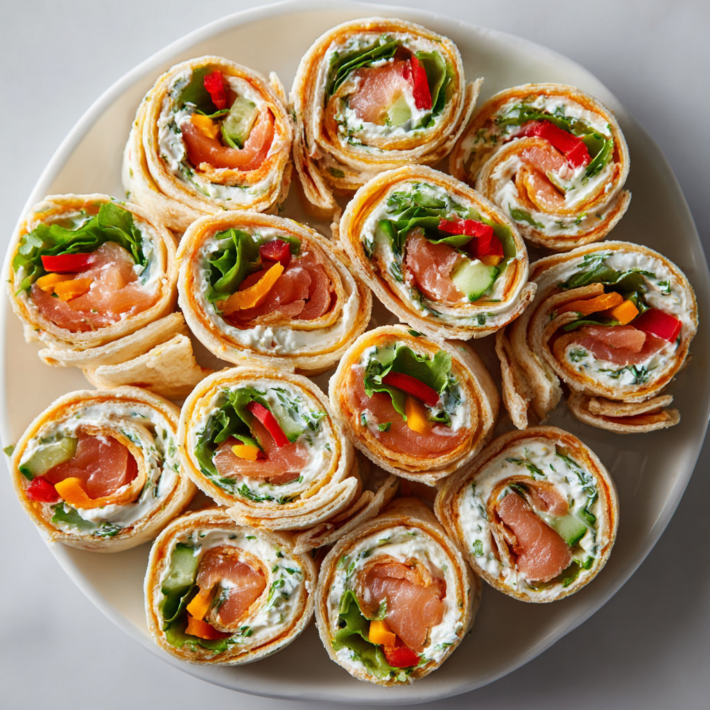 Assiette garnie de wraps apéritifs au saumon fumé et fromage frais.