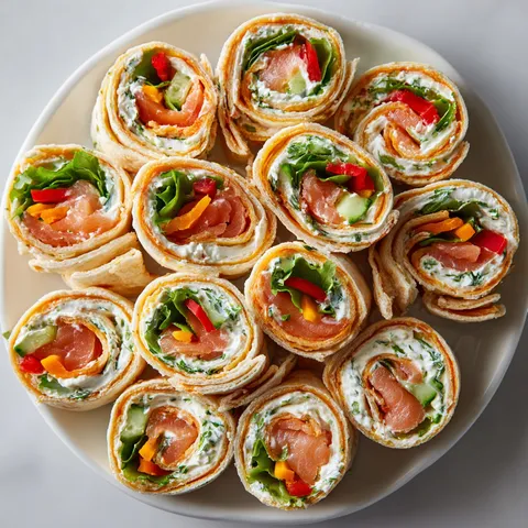 Assiette garnie de wraps apéritifs au saumon fumé et fromage frais.