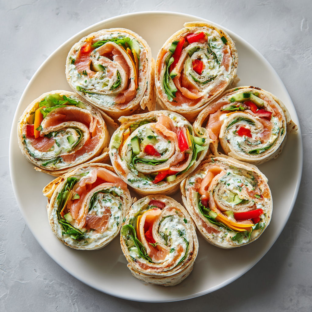 Petits roulés apéro avec saumon, fromage frais et herbes, version buffet.