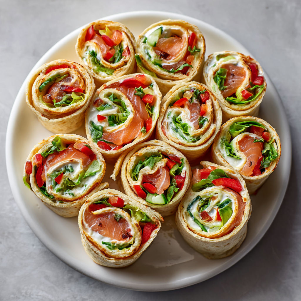 Tortillas roulées avec saumon fumé, concombre et fromage onctueux.