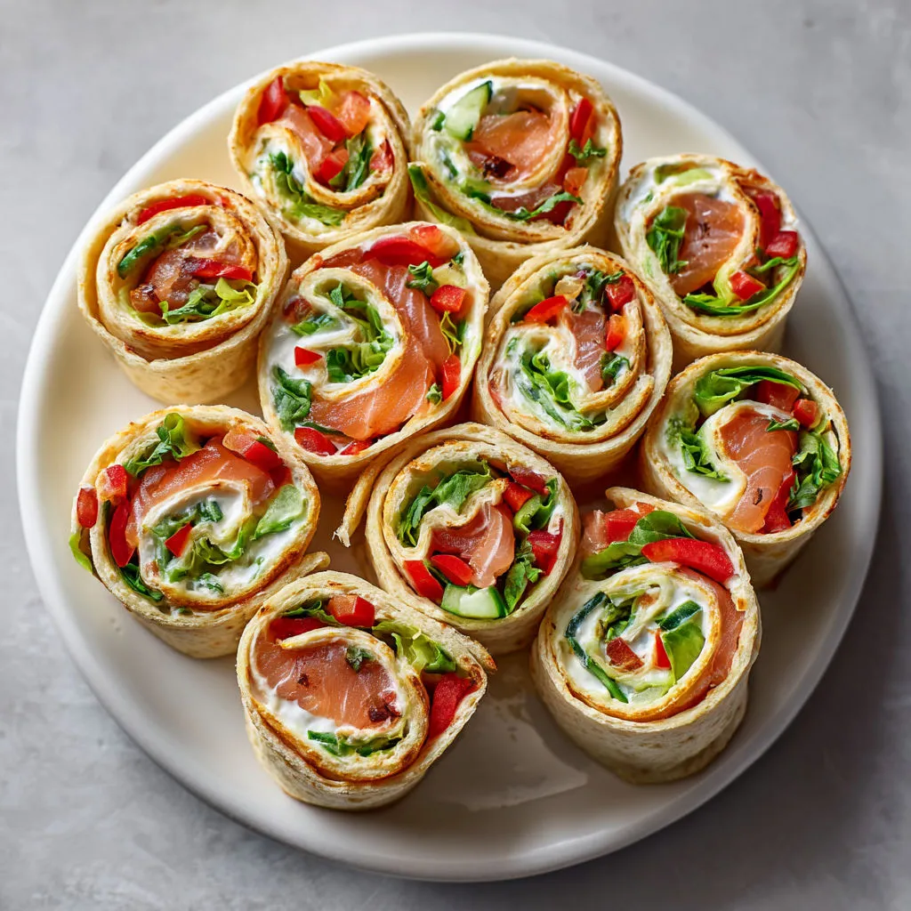 Tortillas roulées avec saumon fumé, concombre et fromage onctueux.