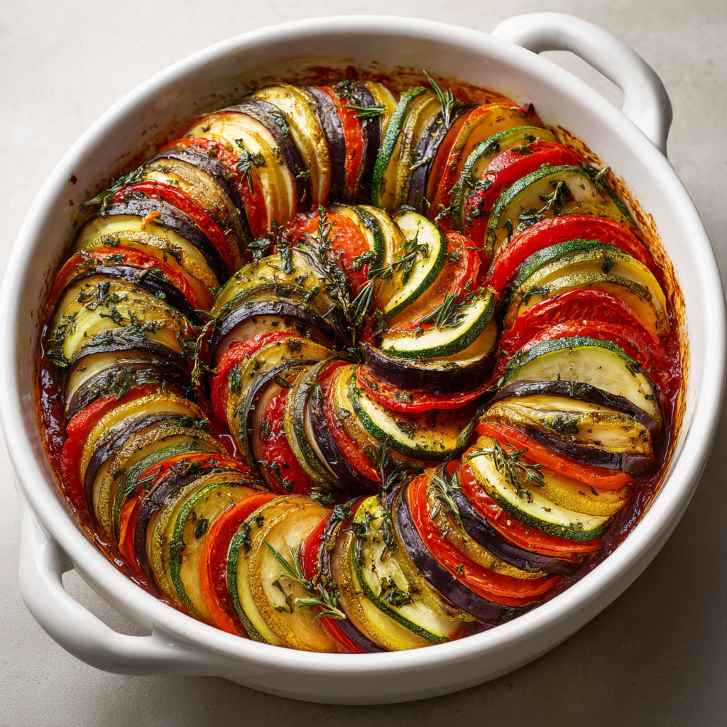 Gratin provençal de courgettes, aubergines et tomates confites.