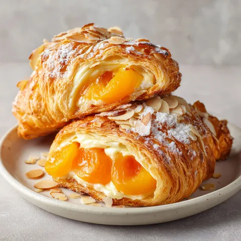 Croissants avec crème onctueuse et abricots délicats, sur un joli plateau.