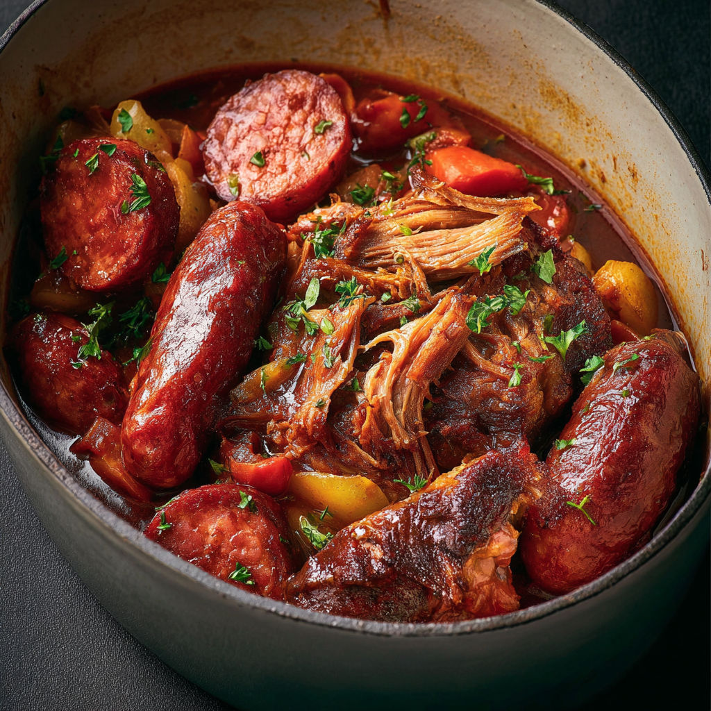 Un plat chaleureux de porc mijoté avec des saucisses servi dans une cocotte.