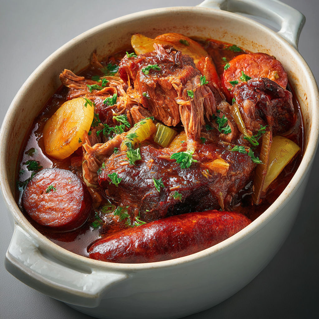 Porc mijoté et saucisses au vin rouge ambiance bistrot bien rustique.