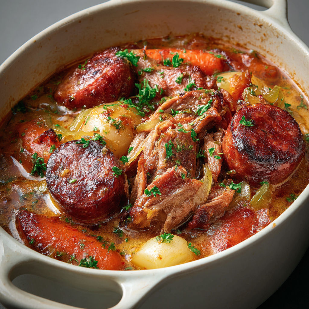 Échine tendre avec saucisses fumées, petits légumes et tout plein de jus.