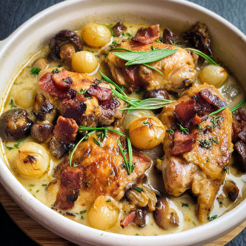Lapin tendre mijoté au vin blanc avec estragon, lardons et champignons.