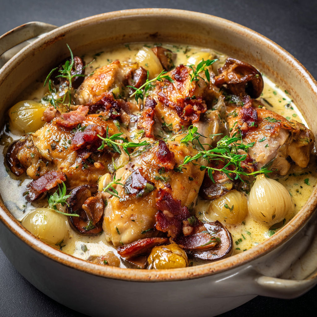 Lapin tendre et oignons grelots mijotés à l’estragon au vin blanc en cocotte.
