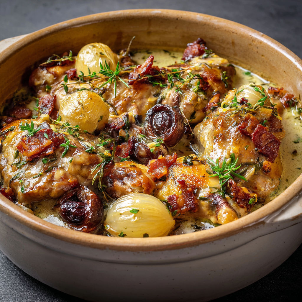 Lapin mijoté avec champignons, lardons et sauce au vin blanc bien parfumée.
