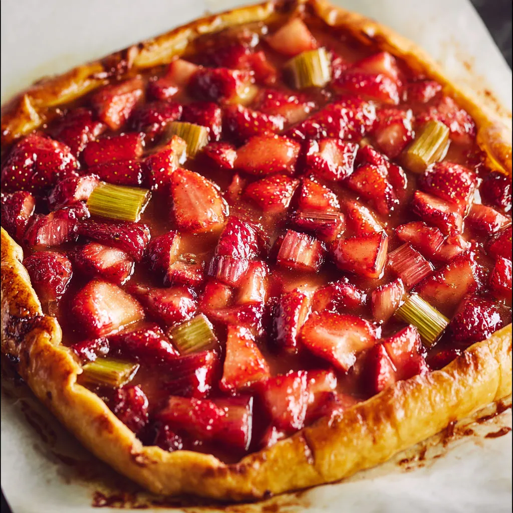 Tarte sucrée avec fraises et rhubarbe, garniture dorée et savoureuse.