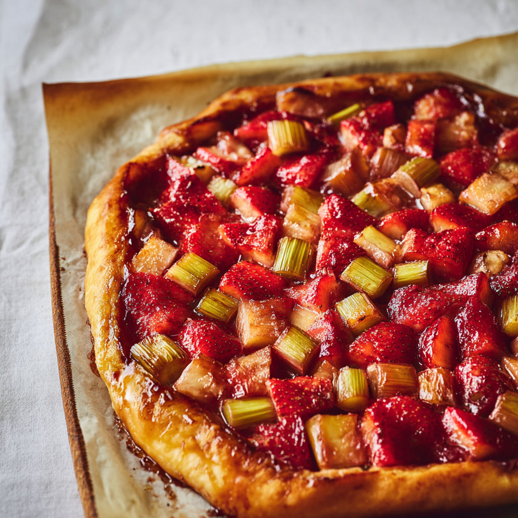 Tarte rustique fraises rhubarbe bien dorée sur fond sablé.