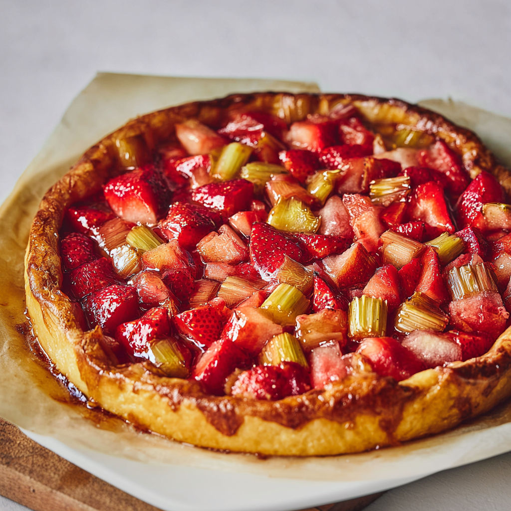 Tarte du boulanger fraises rhubarbe dorée et croustillante.