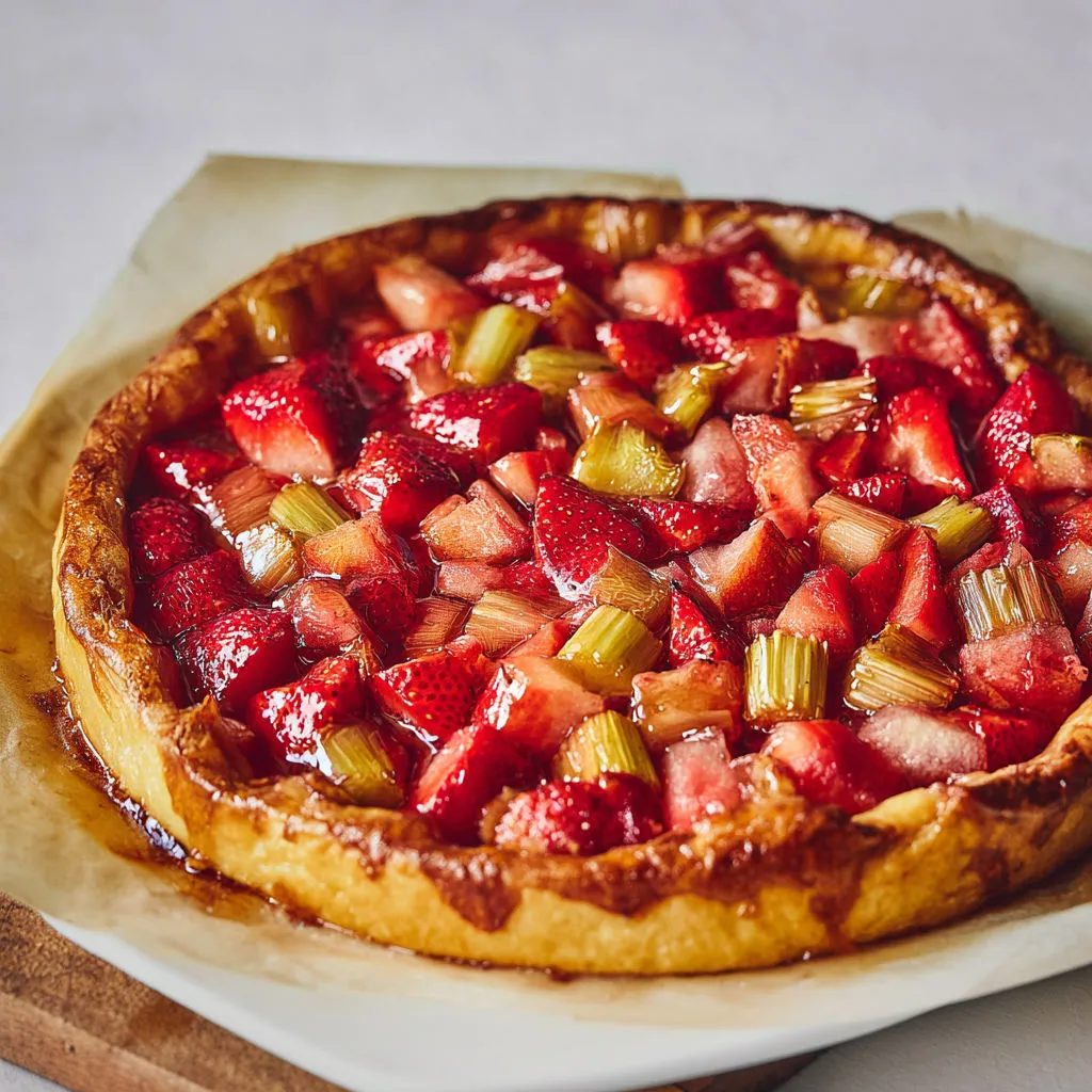 Tarte du boulanger fraises rhubarbe dorée et croustillante.