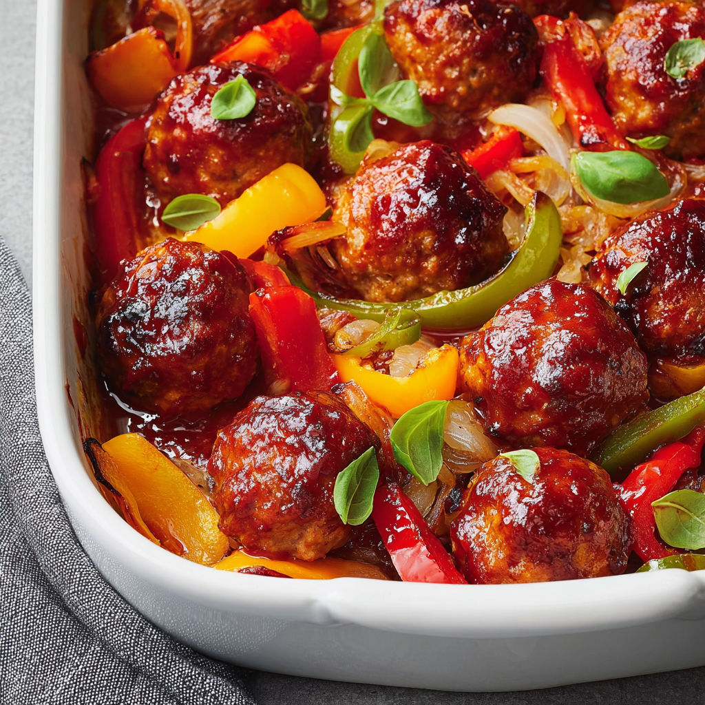 Porc tendre en boulettes avec sauce barbecue et poivrons.