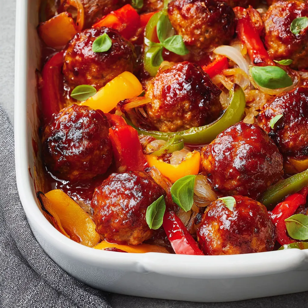 Porc tendre en boulettes avec sauce barbecue et poivrons.