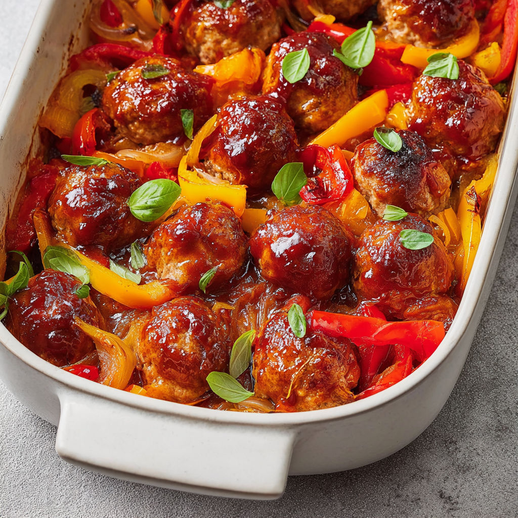 Boulettes de porc nappées et poivrons tout rôtis.