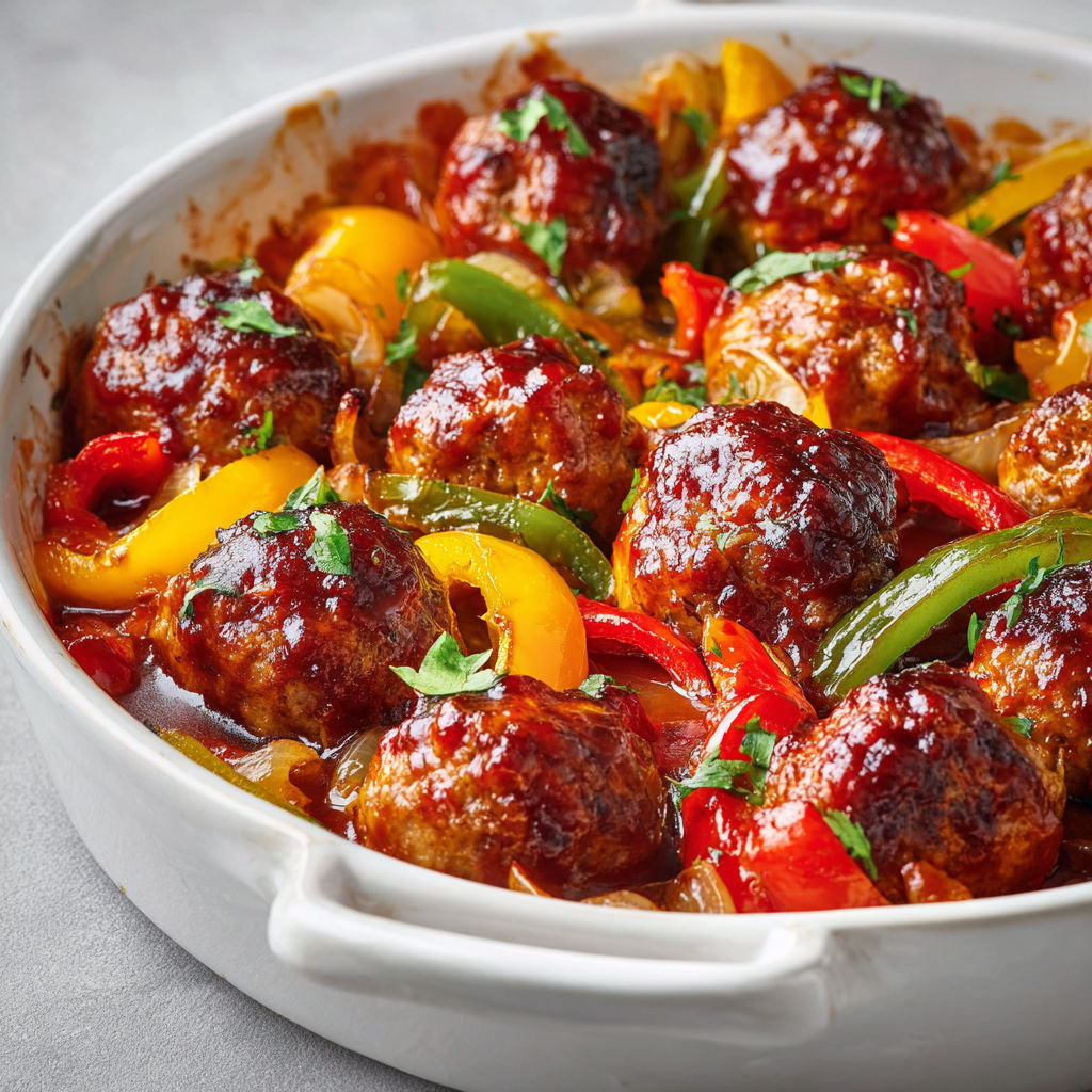 Boulettes fondantes au porc et poivrons caramélisés au sirop d’érable.