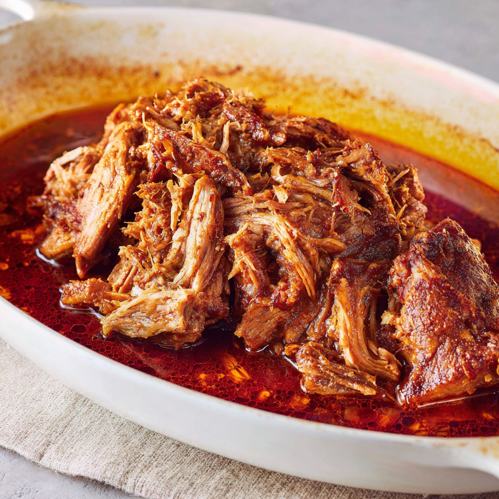 Porc effiloché tendre avec sauce chipotle et orange façon tex mex sur une grande assiette.