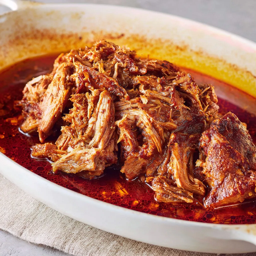 Porc effiloché tendre avec sauce chipotle et orange façon tex mex sur une grande assiette.