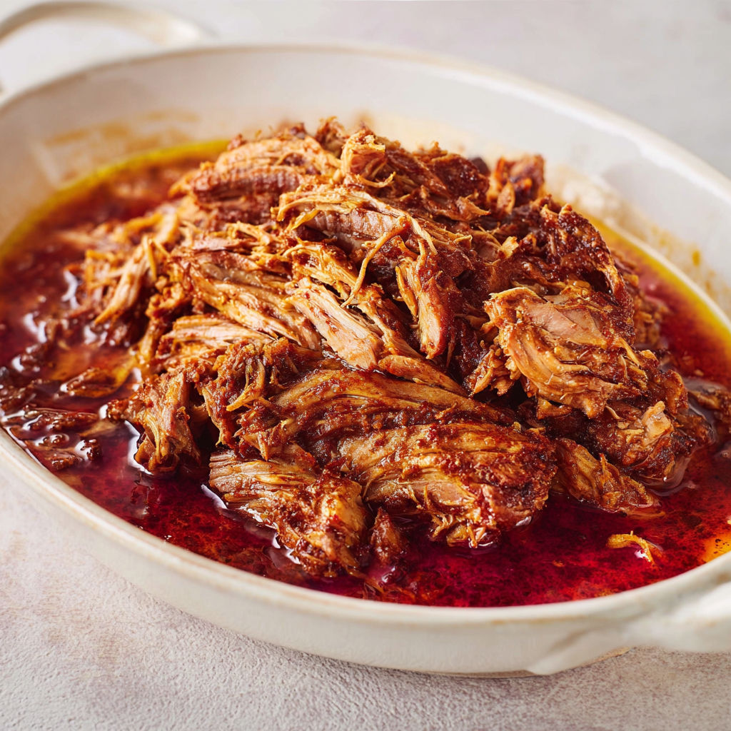 Gros plan de porc effiloché et sauce chipotle-orange sur assiette familiale.