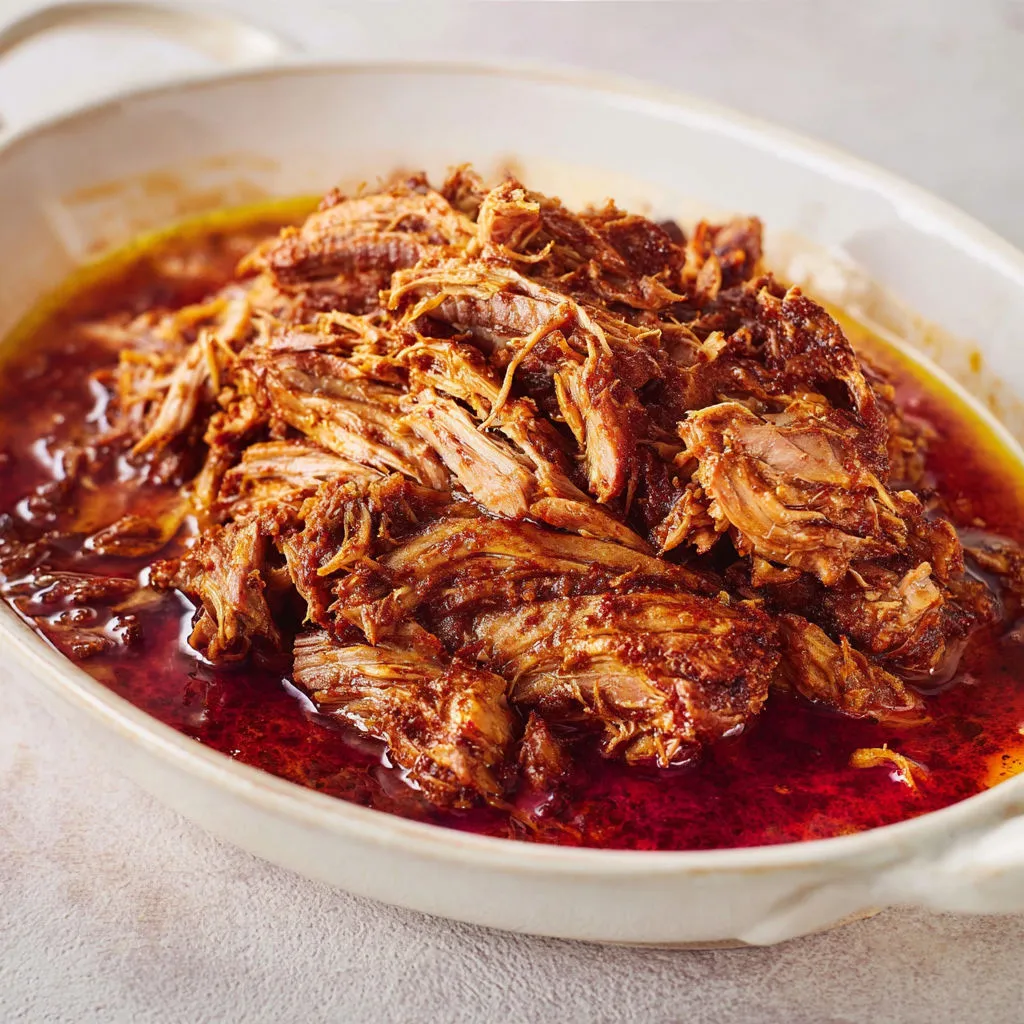 Gros plan de porc effiloché et sauce chipotle-orange sur assiette familiale.