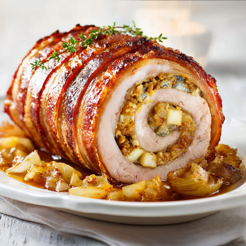 Rôti de porc pommes cheddar, bacon doré au sirop d’érable.