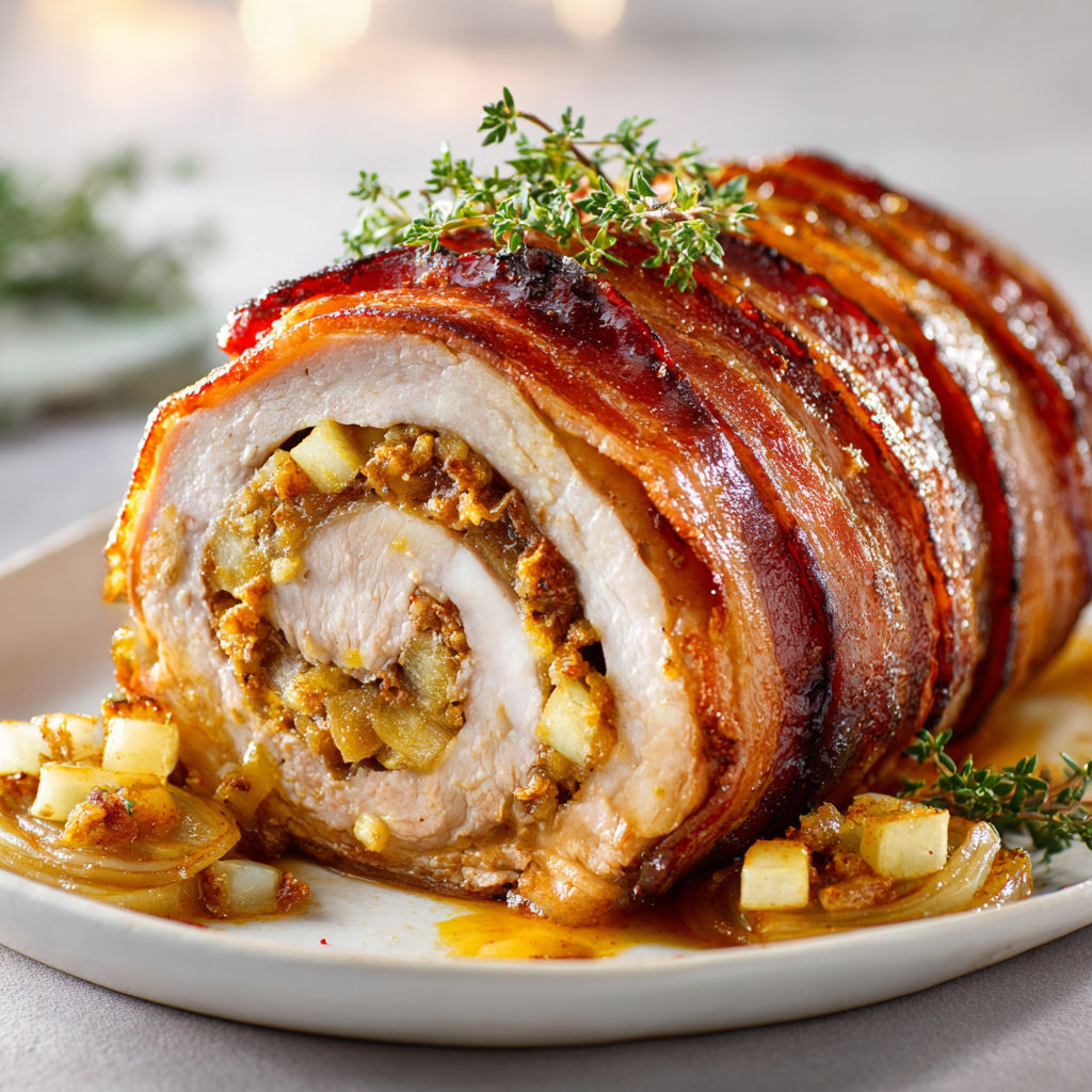 Rôti de porc aux pommes caramélisées et cheddar affiné, bacon laqué à l’érable.