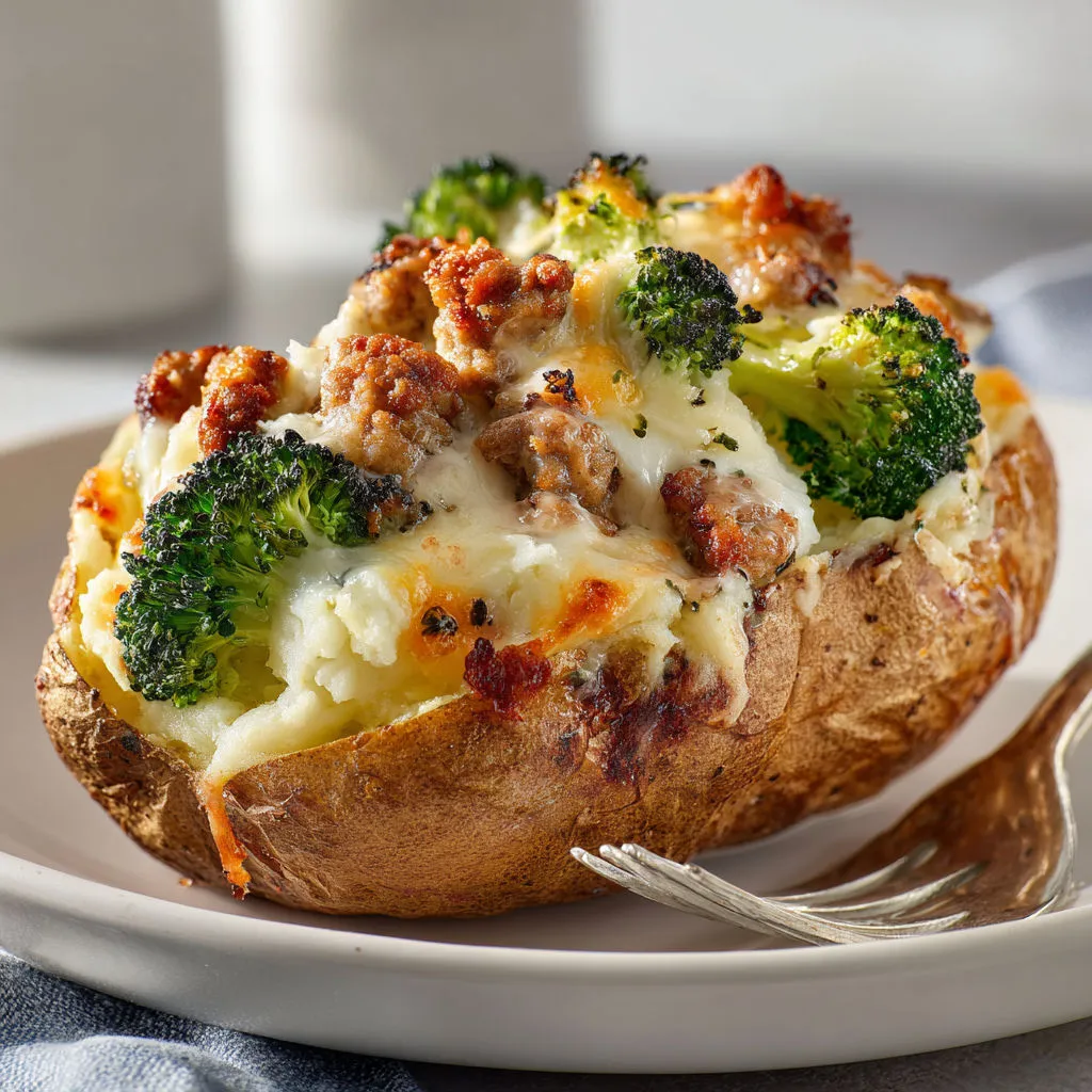 Pommes de terre farcies au brocoli et à la saucisse.