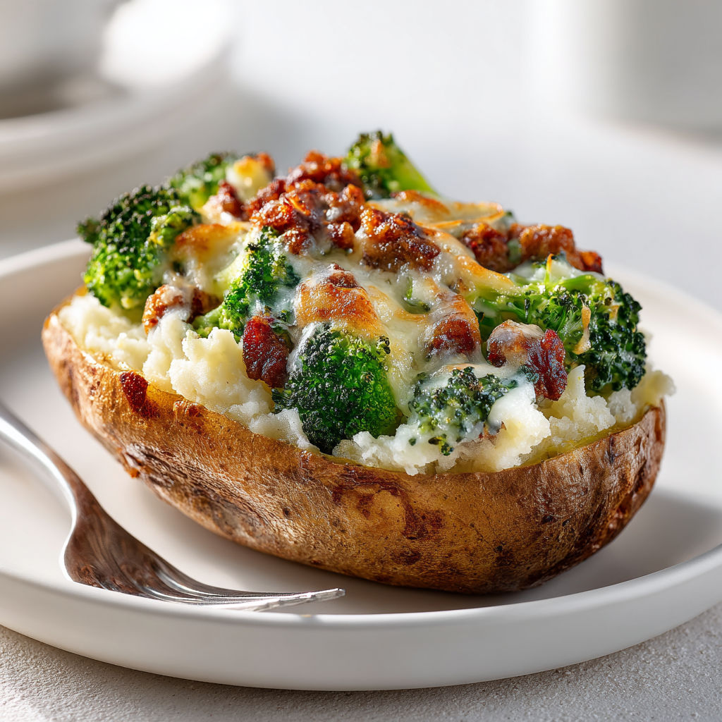Patates garnies au fromage fondant, brocoli et saucisse campagnarde.