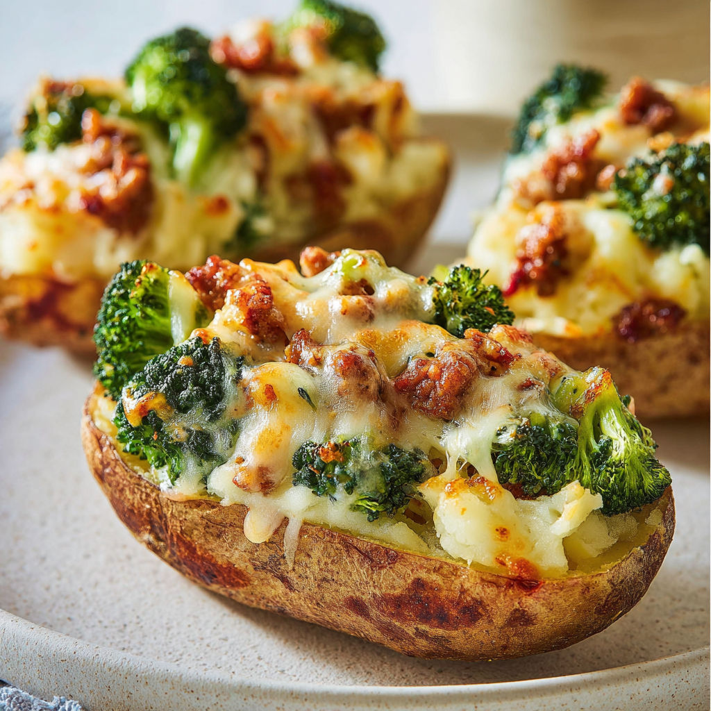 Patates garnies en version gratin brocoli et saucisse.
