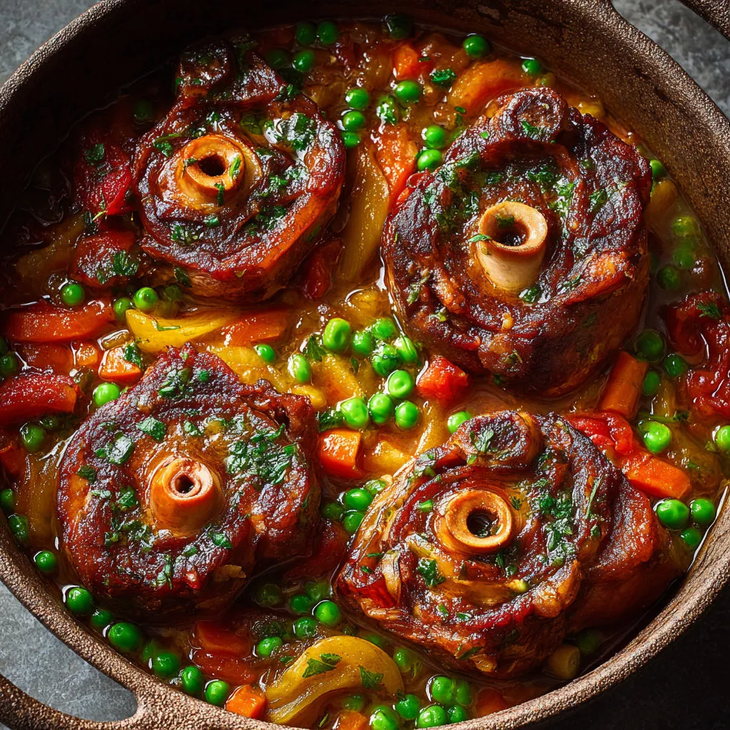 Assiette de porc mijoté, petits pois et gremolata au fenouil.