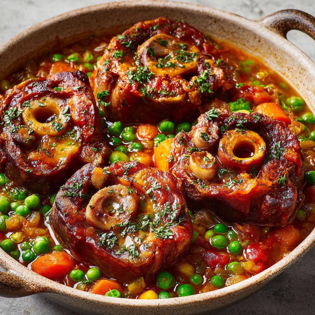 Porc mijoté aux légumes verts, sauce vin blanc style italien.