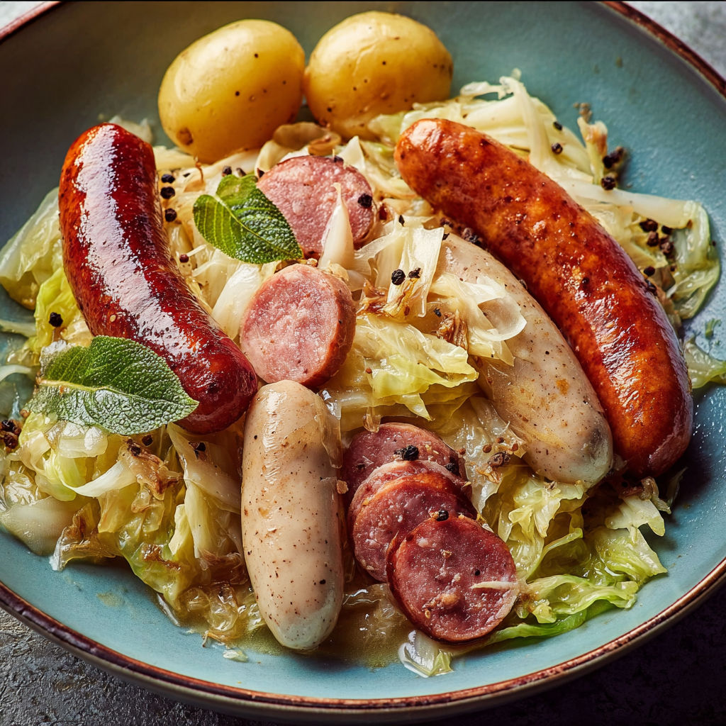 Une table avec une assiette de chou vert, saucisses et citron.