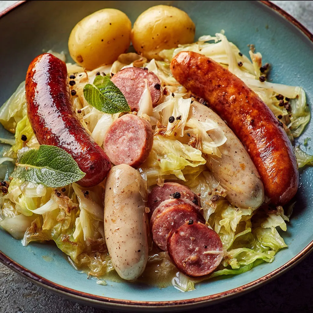 Une table avec une assiette de chou vert, saucisses et citron.