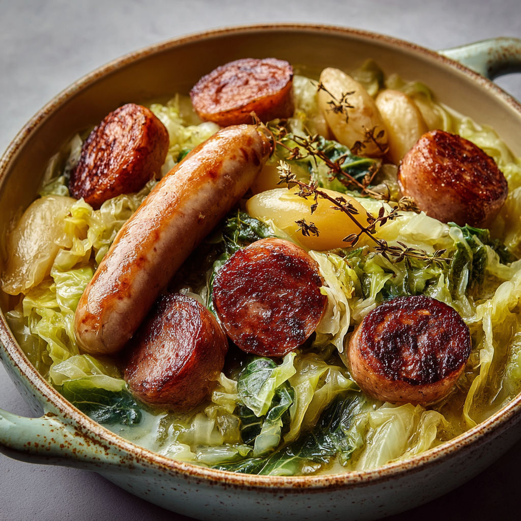 Chou vert citronné fondant et saucisses façon terroir maison.