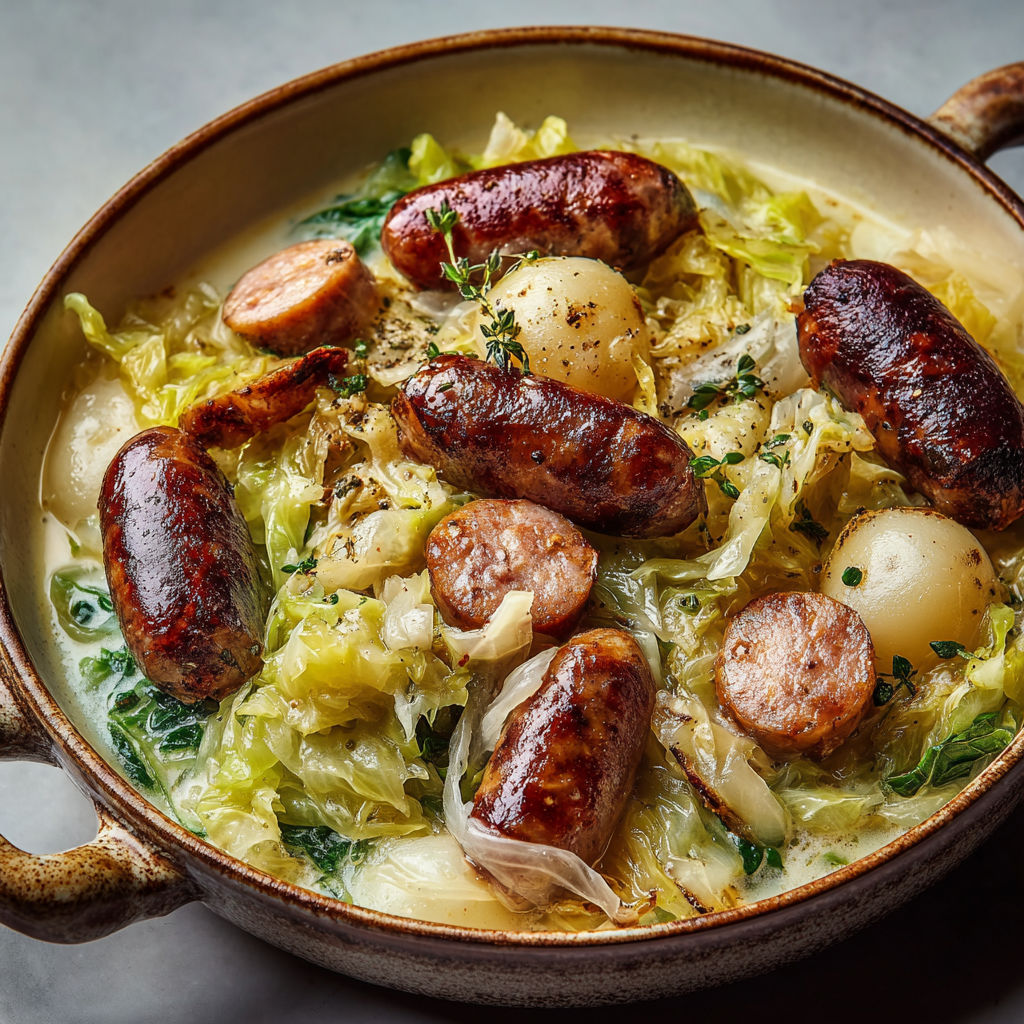 Chou vert mijoté, pommes, saucisses fumées bien fondantes, à la maison.