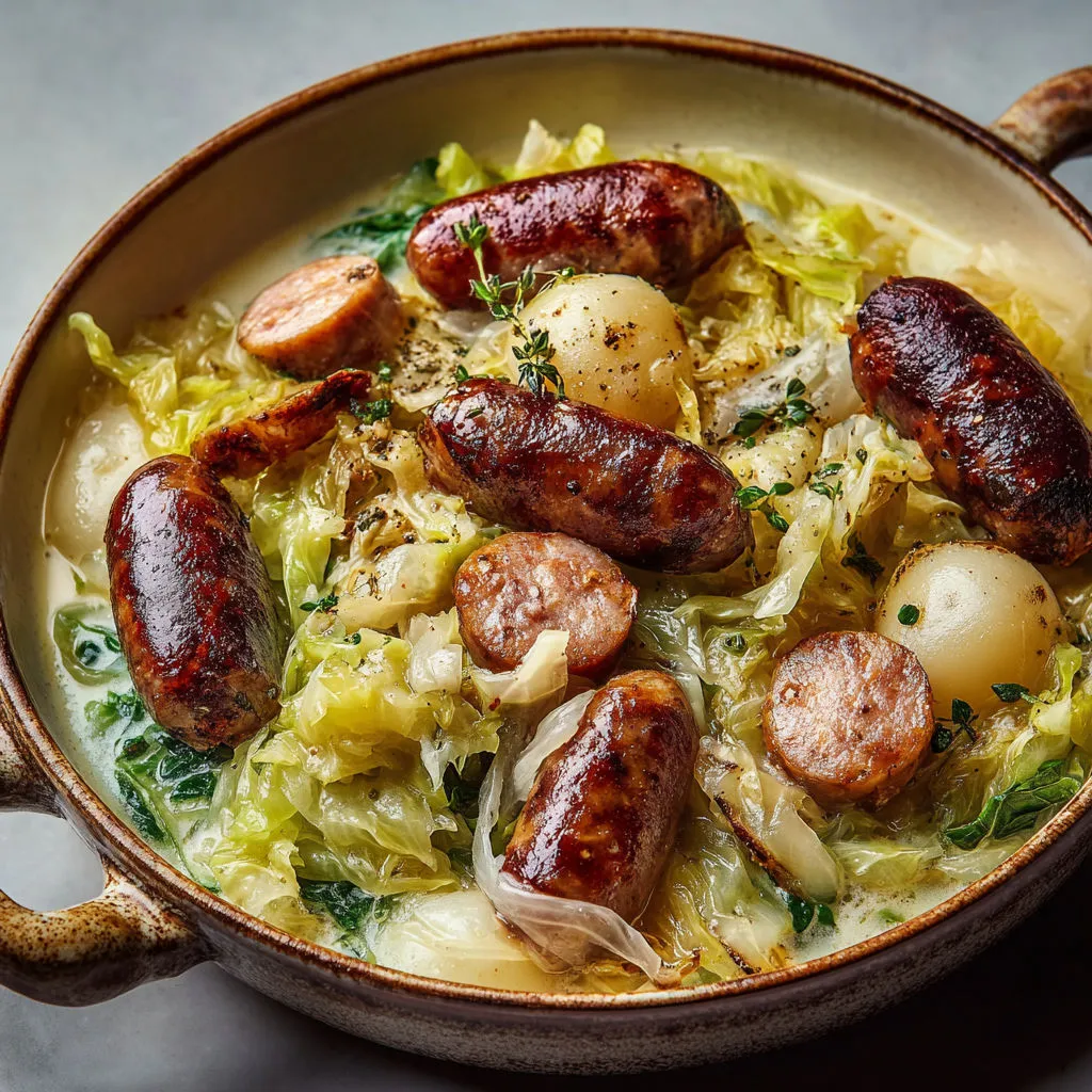 Chou vert mijoté, pommes, saucisses fumées bien fondantes, à la maison.
