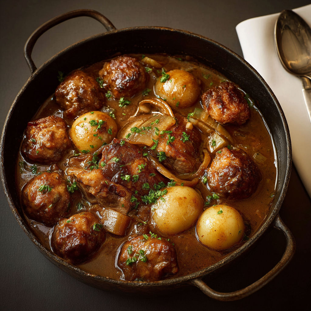 Boulettes et pattes de cochon mijotées dans une casserole.