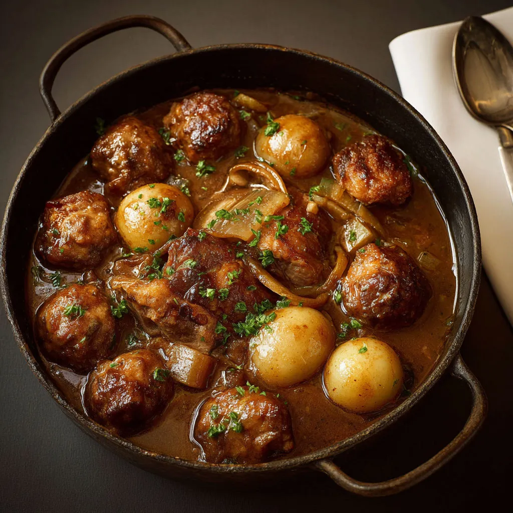 Boulettes et pattes de cochon mijotées dans une casserole.