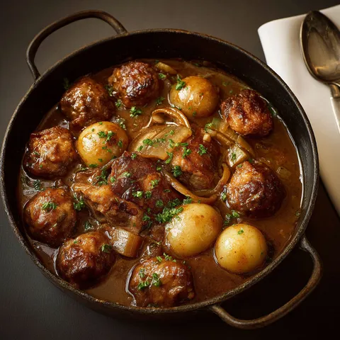 Boulettes et pattes de cochon mijotées dans une casserole.