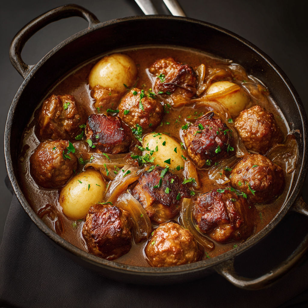 Boulettes tendres et jarrets de porc longuement mijotés dans une sauce aux épices, à partager.