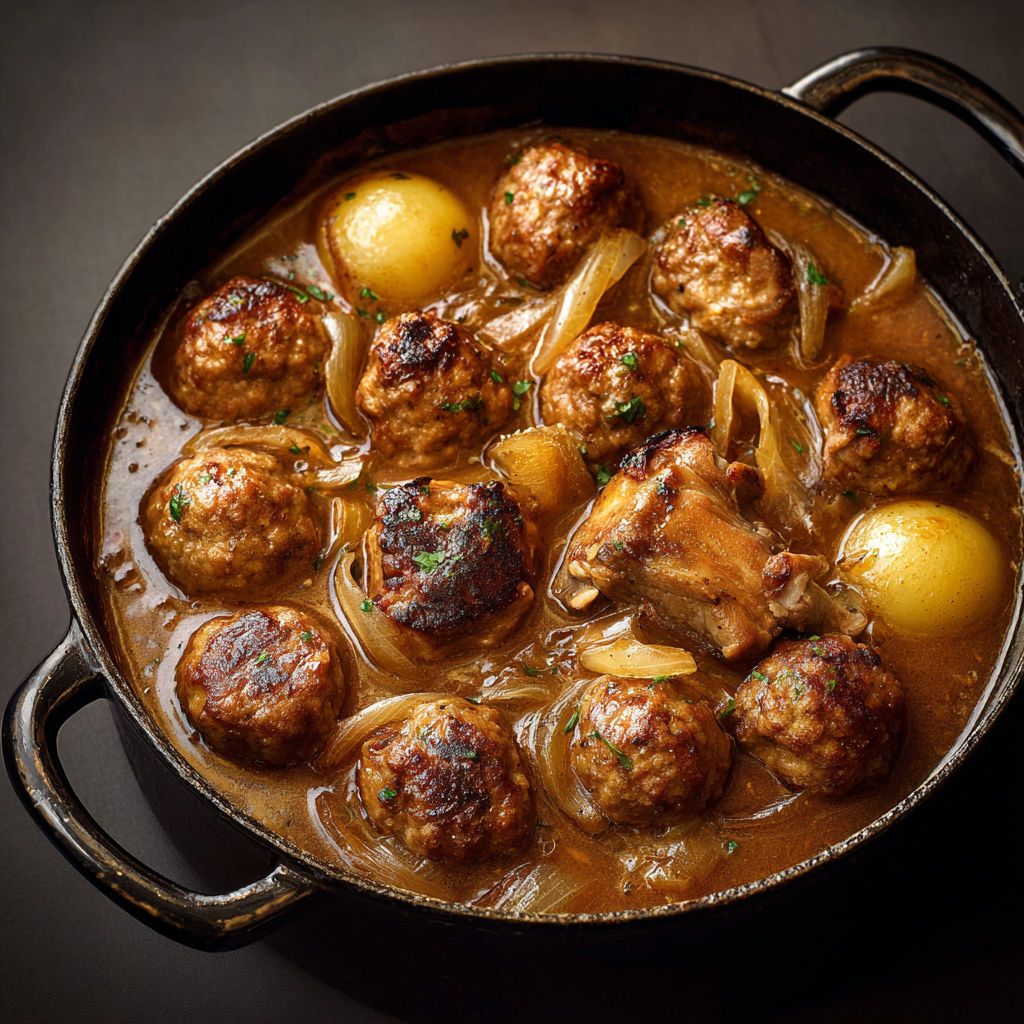 Cocotte de boulettes de porc et jarrets braisés dans une sauce dense aux classiques de la cuisine familiale.