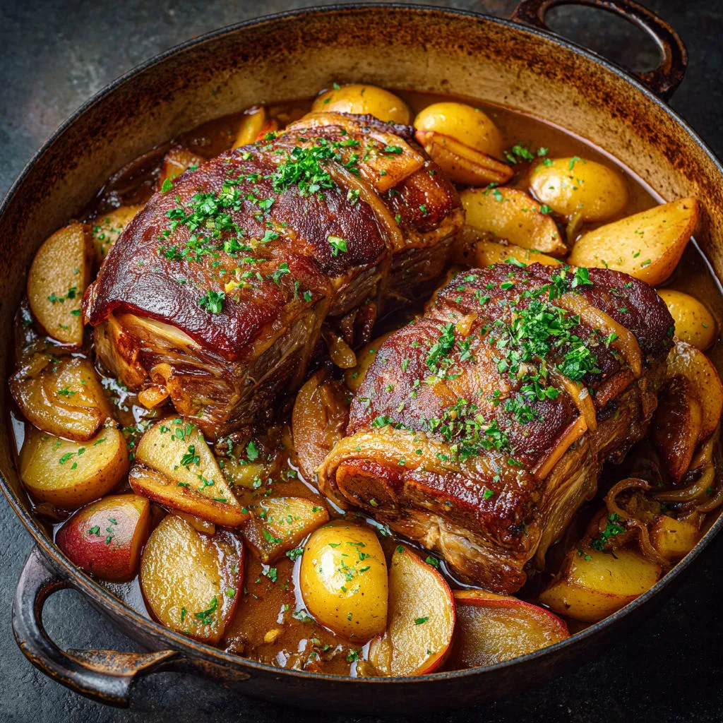 Porc braisé accompagné de pommes caramélisées et herbes aromatiques.