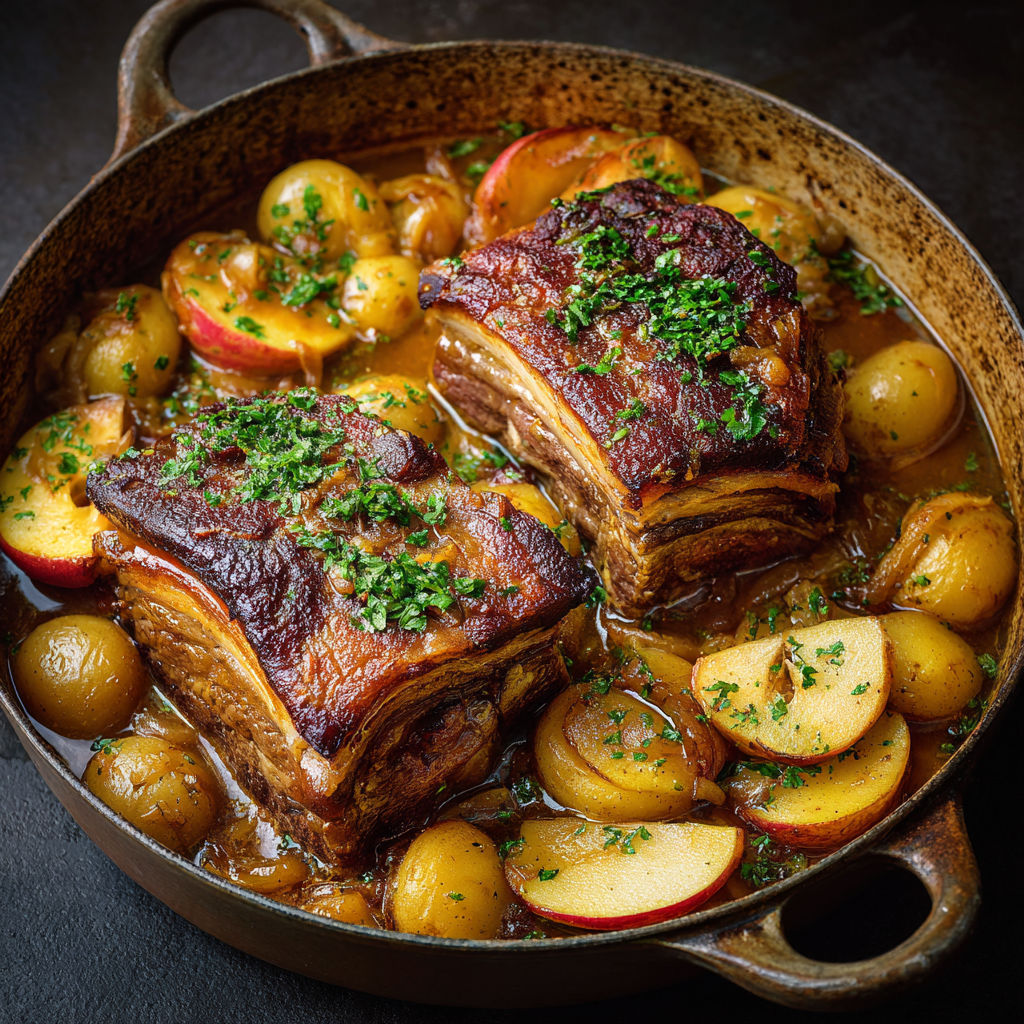 Porc doucement braisé avec pommes fondantes, cuisson longue aux herbes fraîches.