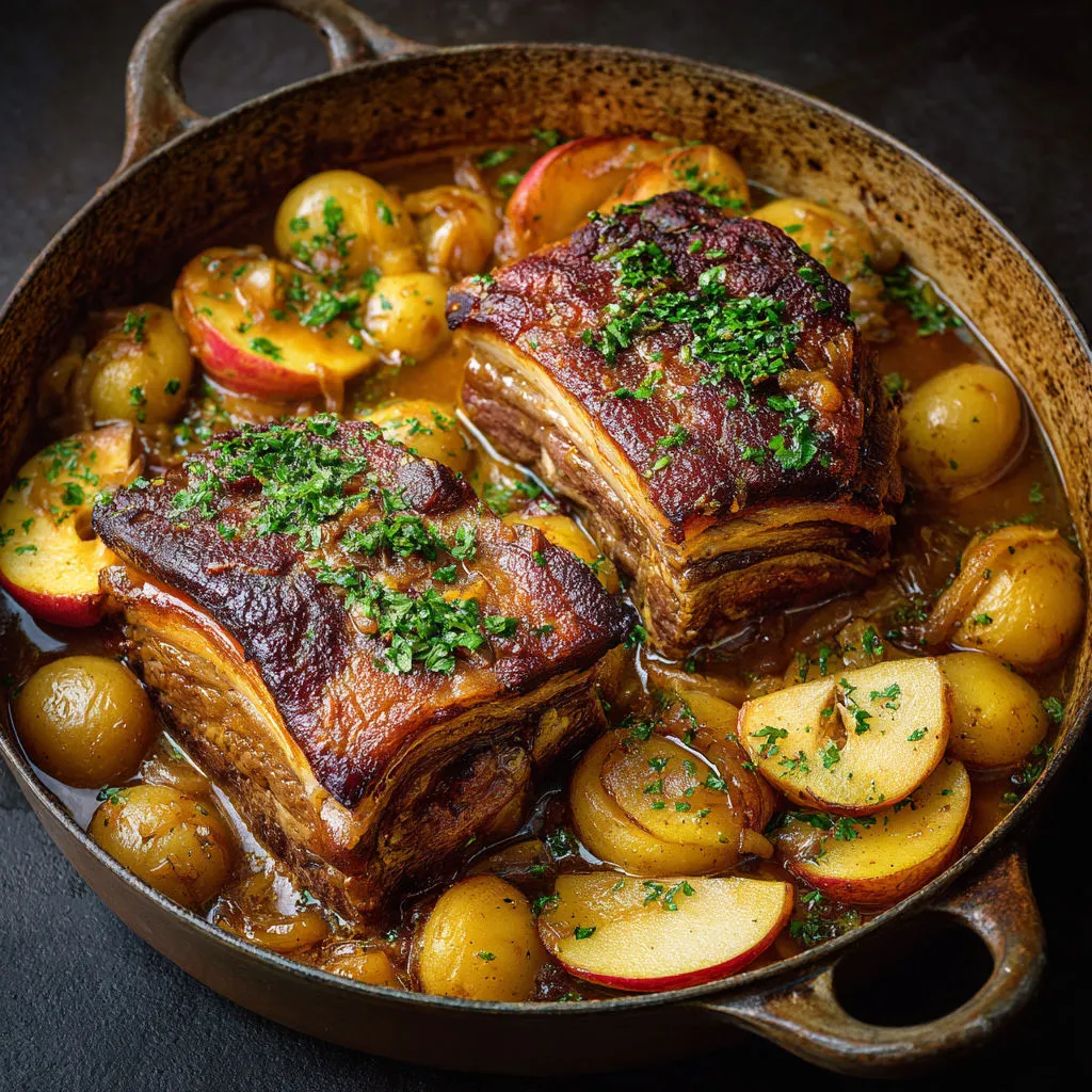 Porc doucement braisé avec pommes fondantes, cuisson longue aux herbes fraîches.