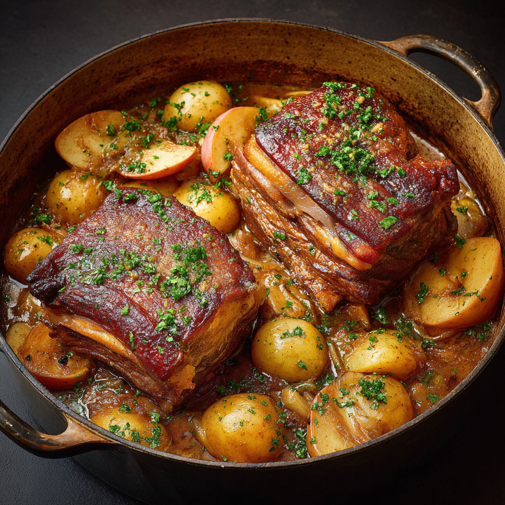 Porc mijoté avec pommes caramélisées et pommes de terre tendres en cocotte rustique.