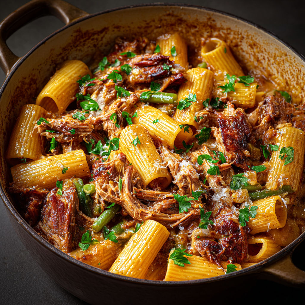Effiloché de porc à la bière avec rigatonis et oignons fondants.