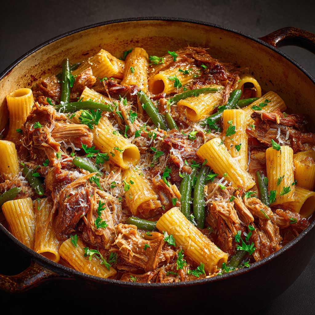 Rigatonis et porc effiloché sauce aux oignons et parmesan râpé.