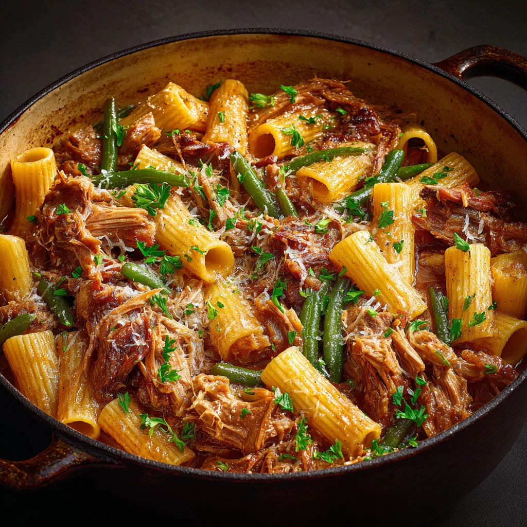 Rigatonis et porc effiloché sauce aux oignons et parmesan râpé.