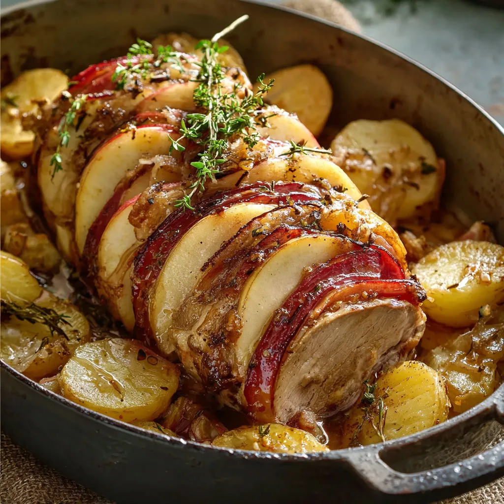 Un rôti moelleux de veau Orloff avec pommes, oignons dorés et lard fumé, servi avec légumes savoureux.